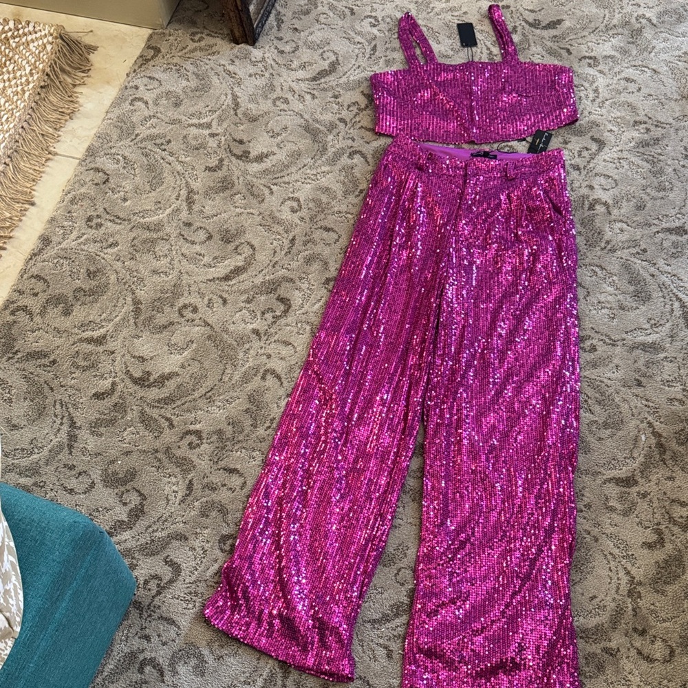 Sequin Wide-Leg Jumpsuit - Fuchsia Pink
